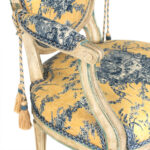 Antiqued French Bergere Chair in Blue and Yellow Toile Upholstery - Image 4