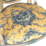 Antiqued French Bergere Chair in Blue and Yellow Toile Upholstery - Image 5