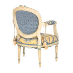 Antiqued French Bergere Chair in Blue and Yellow Toile Upholstery - Image 7