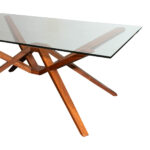 Mid Century Modern Rectangular Glass Top Dining Table on Wood Base