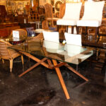 Mid Century Modern Rectangular Glass Top Dining Table on Wood Base - Image 4
