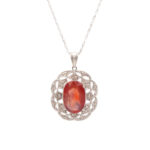 Fire Opal and Diamond Halo Pendant Necklace in 14 Karat White Gold