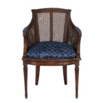 Wood Framed Cane Back Barrel Armchair with Blue Bow Upholstery