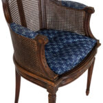 Wood Framed Cane Back Barrel Armchair with Blue Bow Upholstery - Image 4