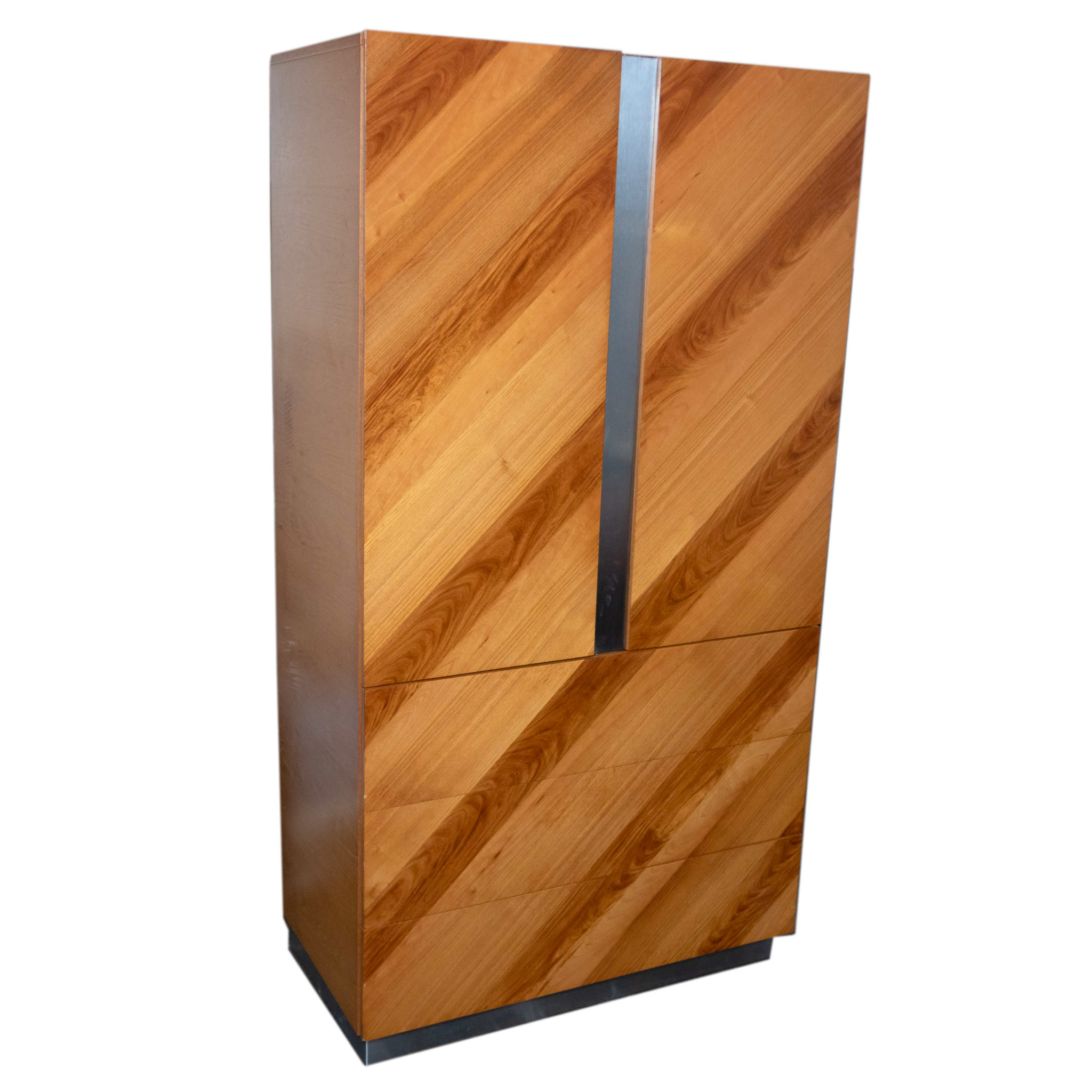 ZTONG_101 -2 Vintage ROUGIER Mid Century Modern Diagonal Wood Veneer and Metallic Strip Armoire - Image 1