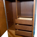 Vintage ROUGIER Mid Century Modern Diagonal Wood Veneer and Metallic Strip Armoire - Image 3