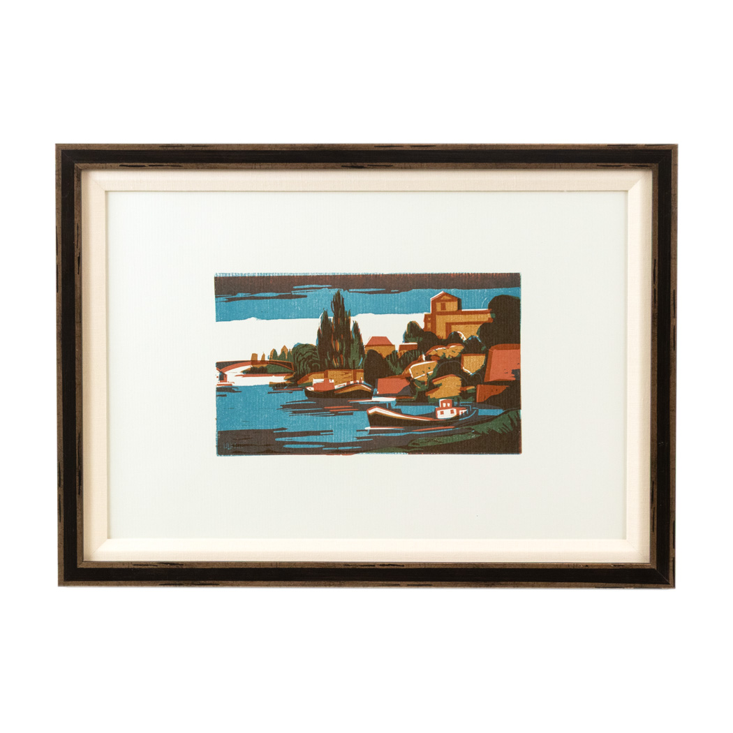 ZKSA_116-2 GUNTER ULLRICH Scene of Aschaffenburg Germany Custom Framed Linocut - Image 1