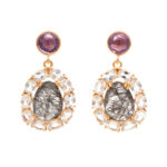 Vintage Pair of Tourmalated Quartz and White Topaz Drop Earrings with Amethyst Accents in 14 Karat Gold