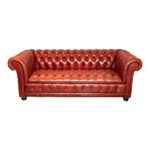Chesterfield Style Sofa in Cognac Tufted Leather Upholstery