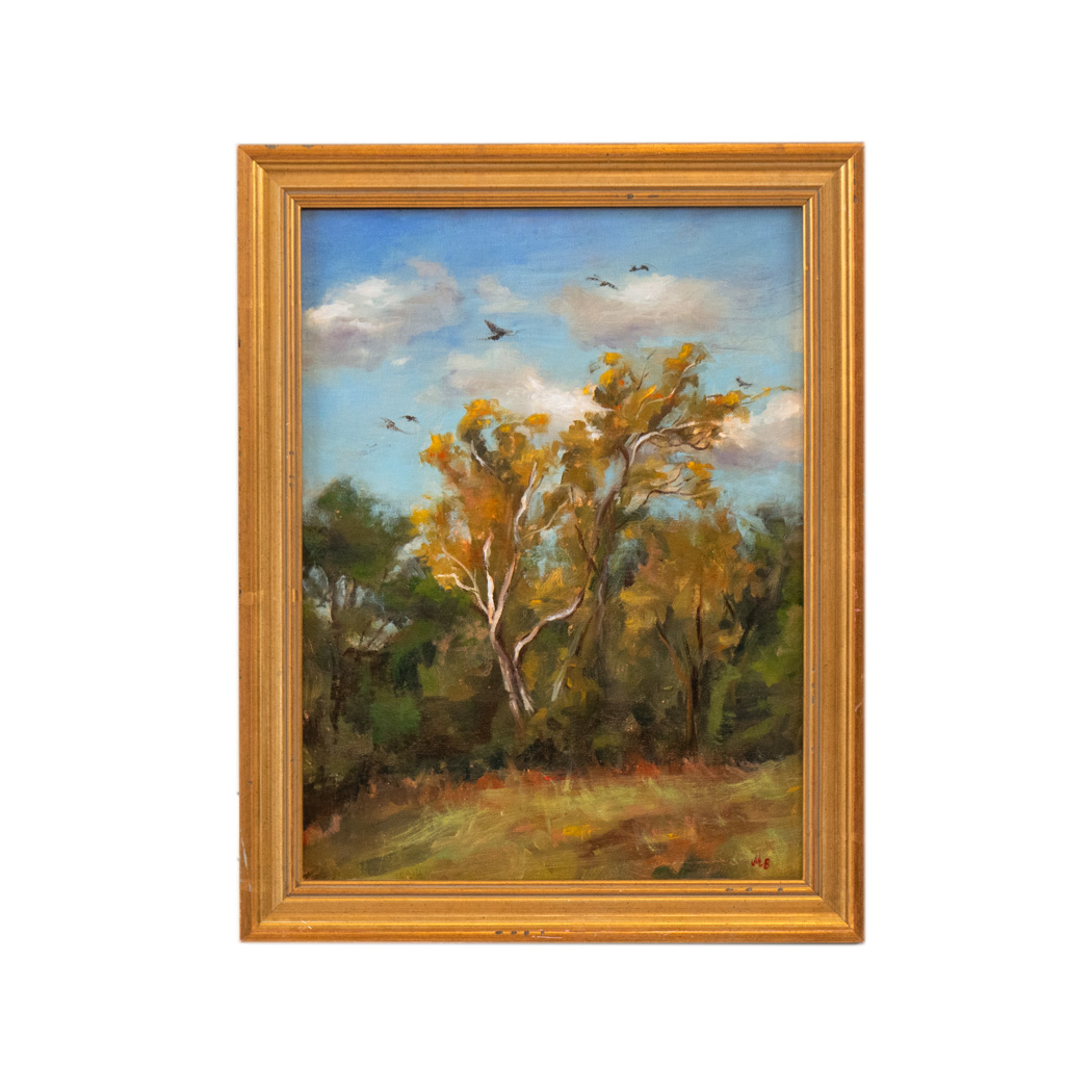 ZMMB_121-2 MIRIAM BARANOV “Tree Line with Birds Hovering” Original Oil Landscape on Board - Image 1