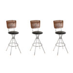 Set of 3 Mid Century Modern Slatted Wood Back Bar Stools Attributed to Arthur Umanoff