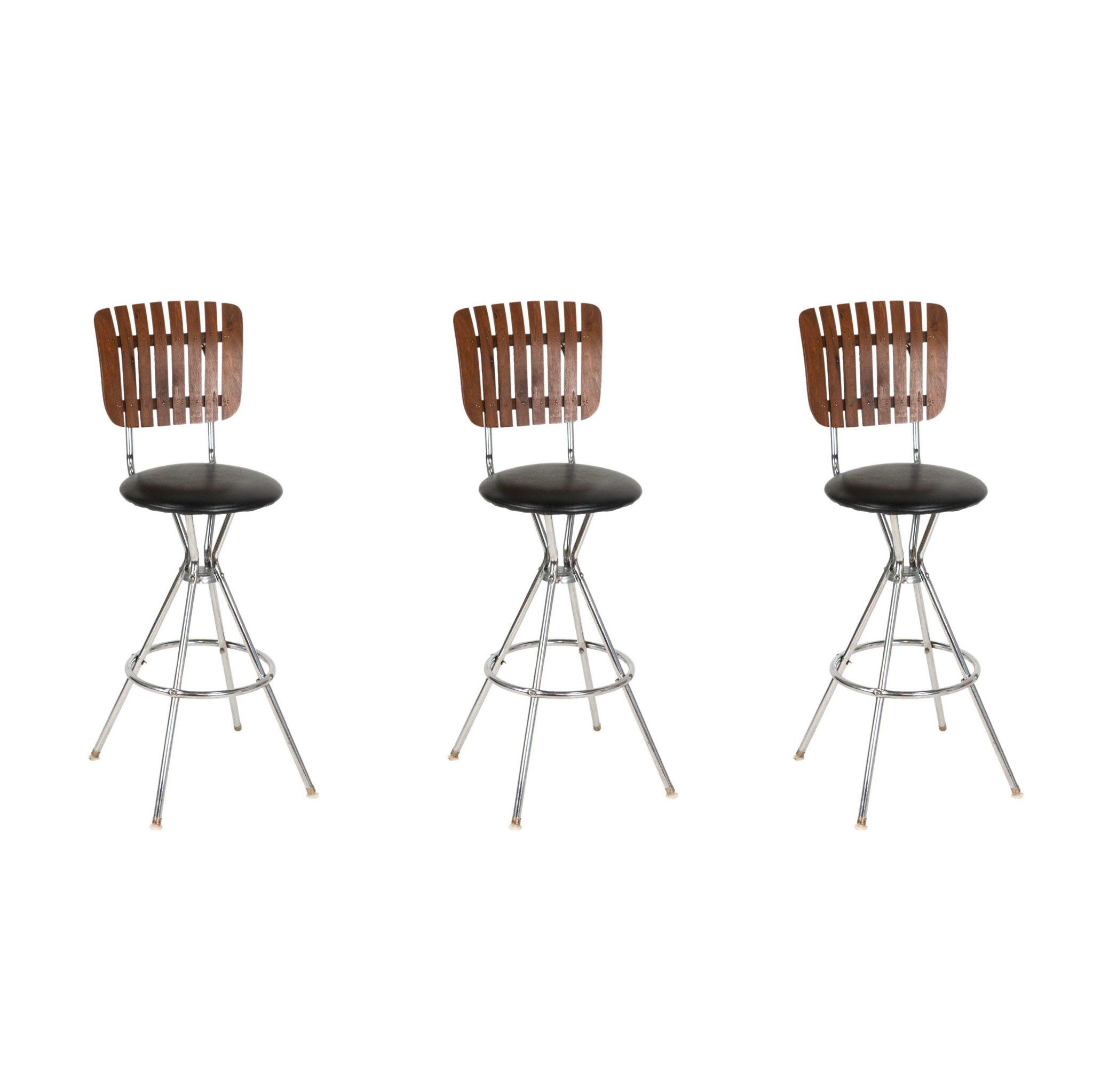 ZLEPE_104 -2 Set of 3 Mid Century Modern Slatted Wood Back Bar Stools Attributed to Arthur Umanoff - Image 1