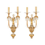 Vintage Pair of Gold Gilt Wall Sconces with Glass Collars and Crystal Drops