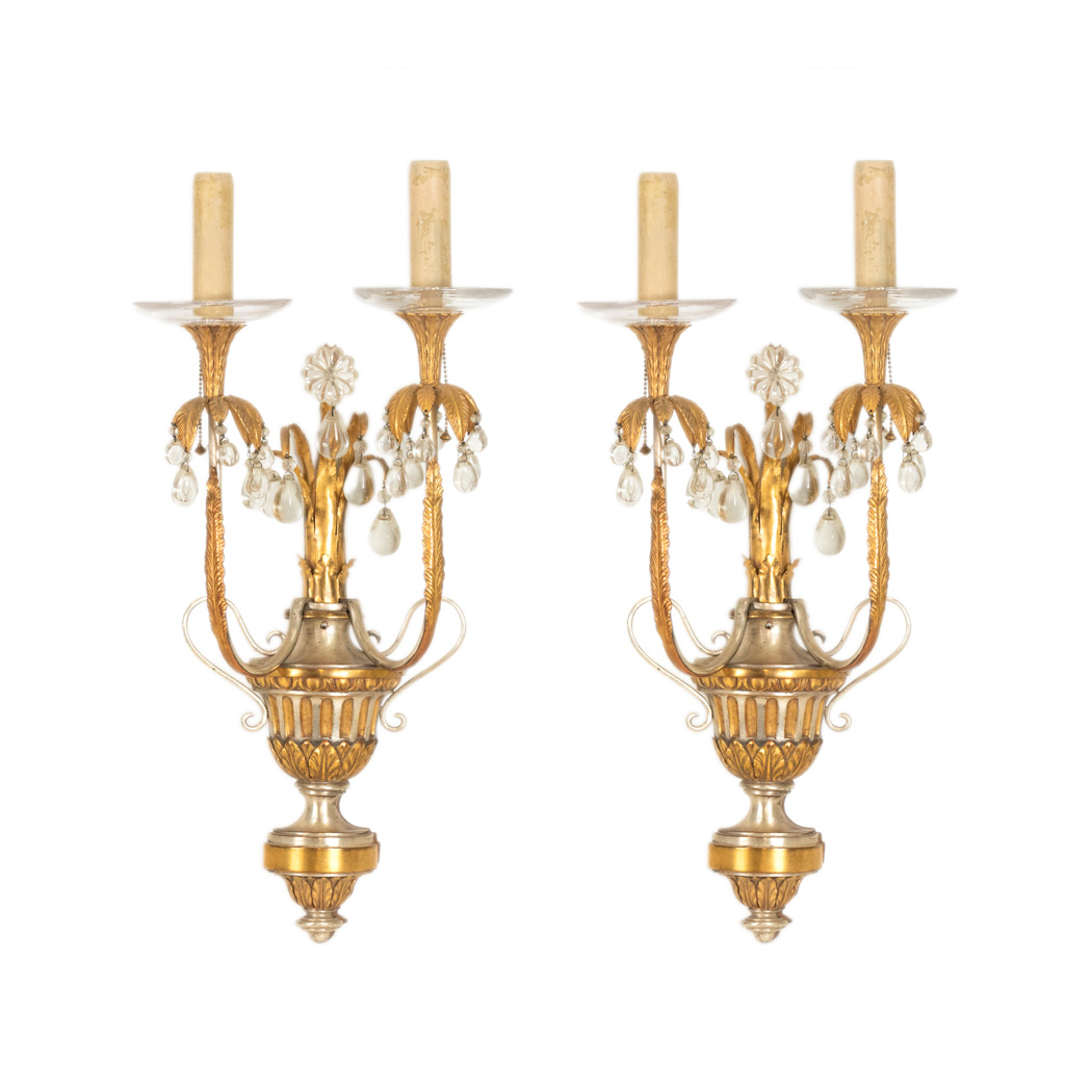 ZSMAX_345-2 Vintage Pair of Gold Gilt Wall Sconces with Glass Collars and Crystal Drops - Image 1