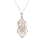 Antique Art Deco Diamond Filigree Pendant Necklace in 14 Karat White Gold
