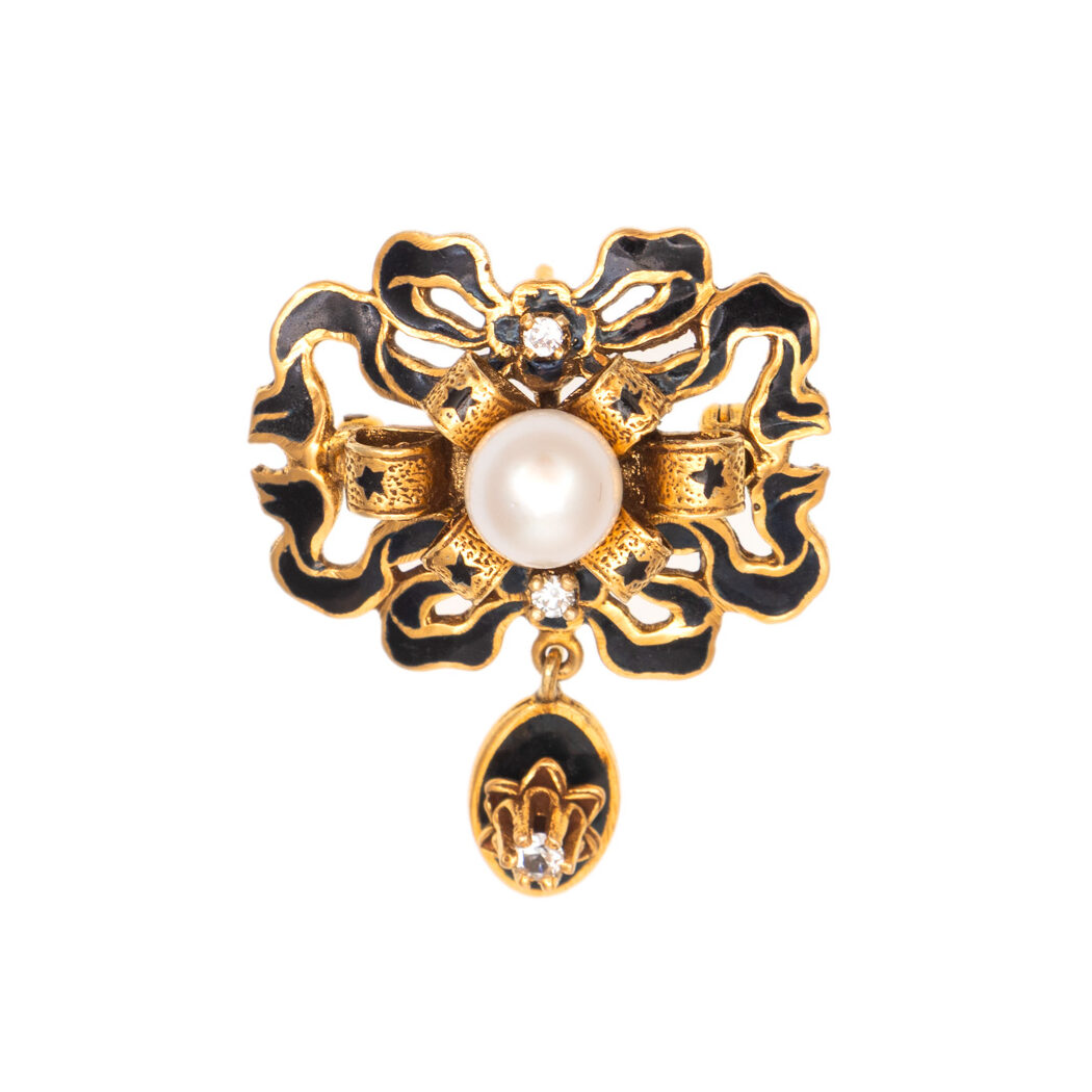 PIN_26061a-2 Antique Victorian Tracery Pearl and Enamel Pendant Brooch with Diamond Accents in 14 Karat Gold - Image 1