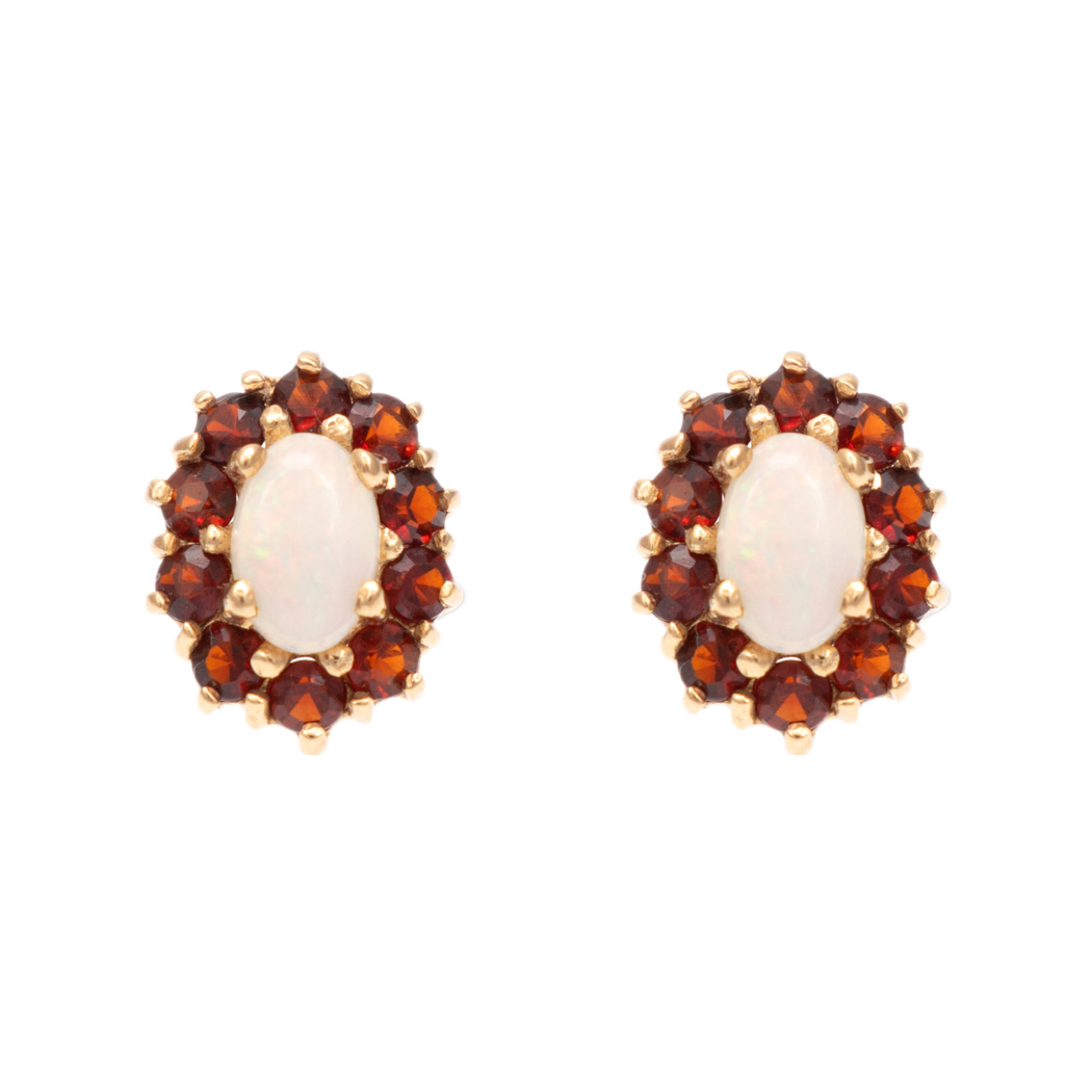 ZJSBT_141-3 Pair of Opal and Garnet Stud Earrings in 14 Karat Gold - Image 1