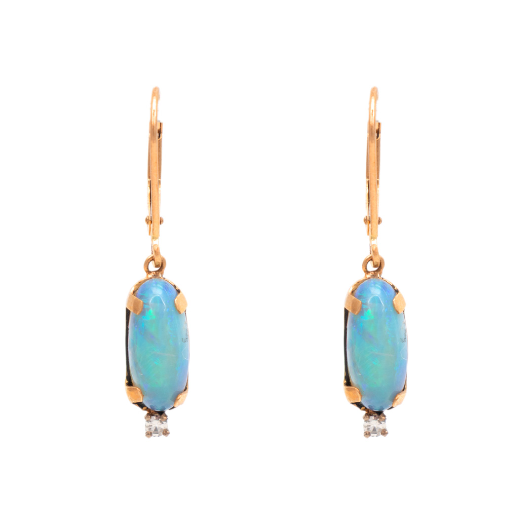 ZMEBA_102-2 Pair of 2.3 Carat Total Weight Opal Dangle Earrings with Diamond Accents in 14 Karat Gold - Image 1