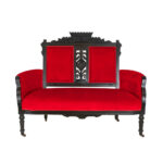Antique Eastlake Victorian Carved Wood Settee with Red Upholstery