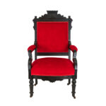 Antique Eastlake Victorian Carved Wood Parlor Armchair with Red Upholstery