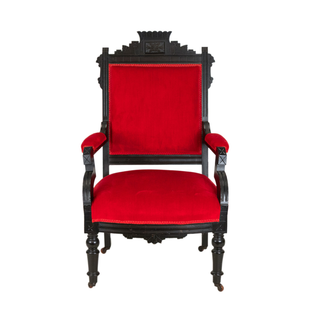 ZELST_104-2 Antique Eastlake Victorian Carved Wood Parlor Armchair with Red Upholstery - Image 1