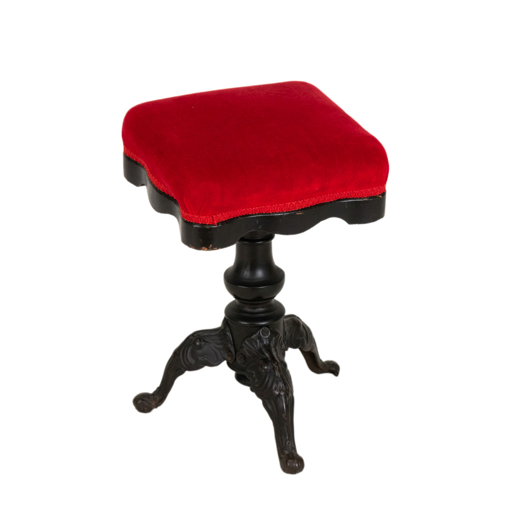 ZELST_106-2 Antique Eastlake Victorian Carved Wood Adjustable Piano Stool with Red Upholstery - Image 1