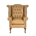Chesterfield Wingback Armchair in Beige Leather Upholstery