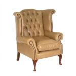 Chesterfield Wingback Armchair in Beige Leather Upholstery - Image 2