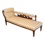 Antique Eastlake Victorian Walnut Framed Chaise with Yellow and Grey Striped Upholstery