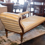 Antique Eastlake Victorian Walnut Framed Chaise with Yellow and Grey Striped Upholstery - Image 6