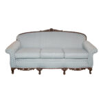 Vintage Carved Wood Framed Sofa in Light Blue Shell Upholstery