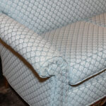 Vintage Carved Wood Framed Sofa in Light Blue Shell Upholstery - Image 3