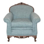 Vintage Carved Wood Framed Armchair in Blue Weave Upholstery