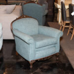 Vintage Carved Wood Framed Armchair in Blue Weave Upholstery - Image 5