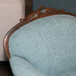 Vintage Carved Wood Framed Armchair in Blue Weave Upholstery - Image 2