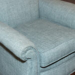 Vintage Carved Wood Framed Armchair in Blue Weave Upholstery - Image 3