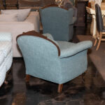 Vintage Carved Wood Framed Armchair in Blue Weave Upholstery - Image 6