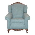 Vintage Carved Wood Framed Wing Armchair in Blue Weave Upholstery