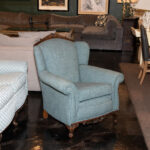 Vintage Carved Wood Framed Wing Armchair in Blue Weave Upholstery - Image 6