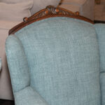 Vintage Carved Wood Framed Wing Armchair in Blue Weave Upholstery - Image 2