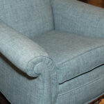 Vintage Carved Wood Framed Wing Armchair in Blue Weave Upholstery - Image 3