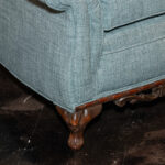 Vintage Carved Wood Framed Wing Armchair in Blue Weave Upholstery - Image 4