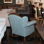 Vintage Carved Wood Framed Wing Armchair in Blue Weave Upholstery - Image 5