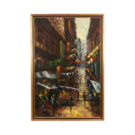 Vintage Original Oil on Canvas of Bustling Asian Street Market Scene