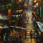 Vintage Original Oil on Canvas of Bustling Asian Street Market Scene - Image 2