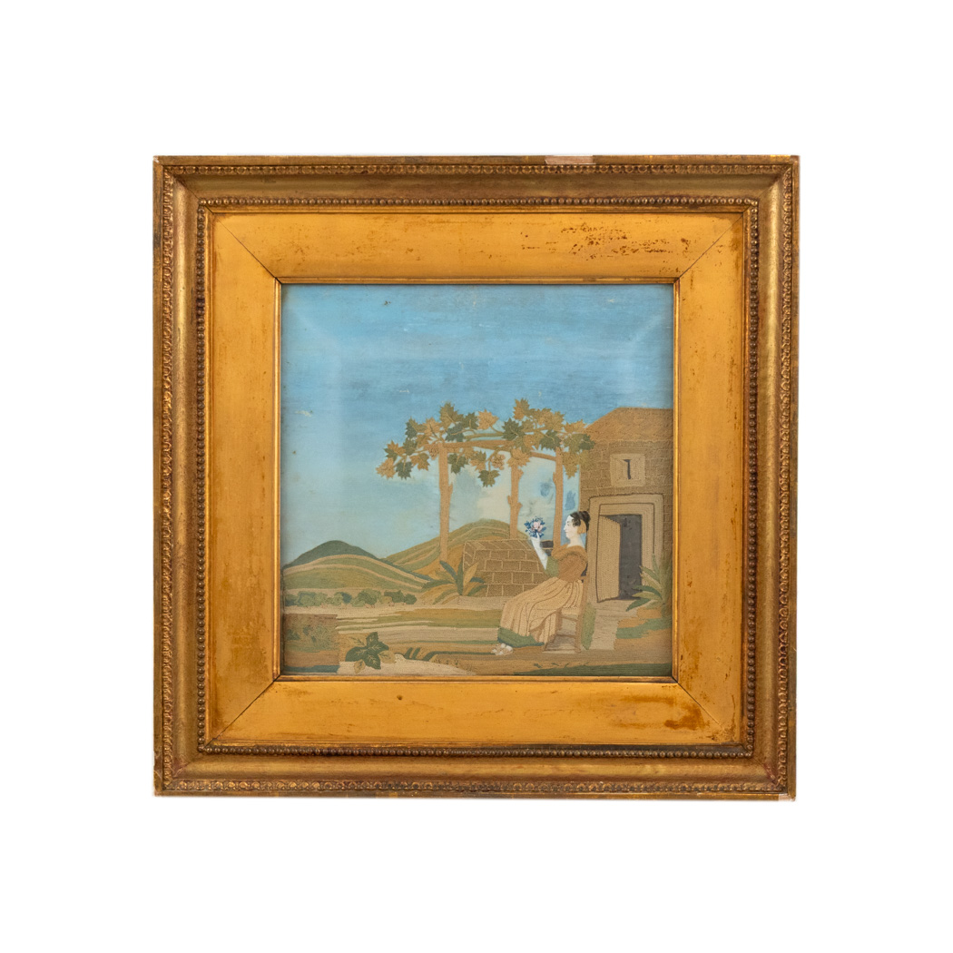 ZSMAX_352-2 Antique Needlepoint Featuring a Seated Woman - Image 1