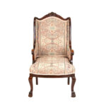 Vintage Wood Framed Wing Chair in Tapestry Style Upholstery