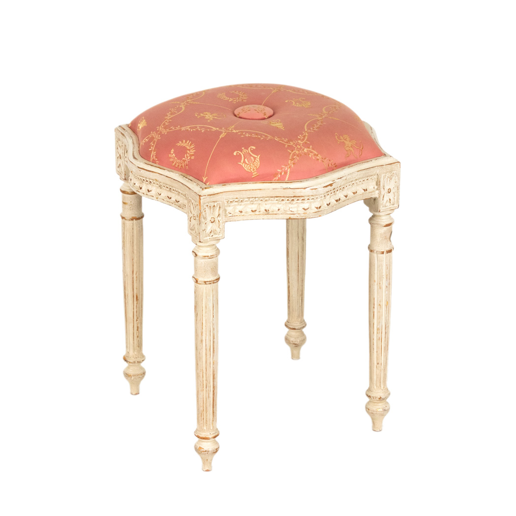 ZSMAX_372-2 French Louis XVI White Wood Framed Stool with Pink Tufted Upholstery - Image 1