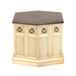 Vintage LANE Hexagonal Walnut Top End Table on White Painted Cane Panel Base