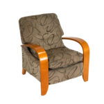Contemporary Wood Arm Recliner in Dark Beige Patterned Upholstery